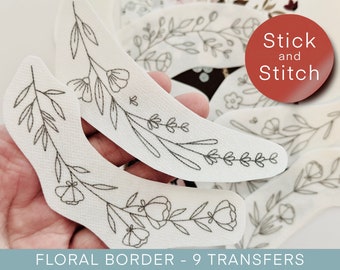 Floral border hand embroidery pattern, stick and stitch transfer patch, peel and stick embroidery paper, trendy embroidery pack for clothes