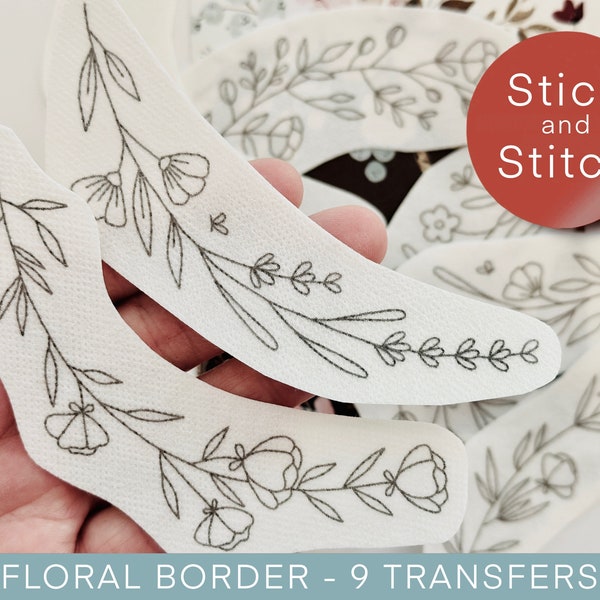 Floral border hand embroidery pattern, stick and stitch transfer patch, peel and stick embroidery paper, trendy embroidery pack for clothes