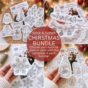 May include: A collection of white stick and stitch embroidery designs featuring Christmas themes including snowflakes, gnomes, candy canes, holly, gift boxes, and a car. The designs are printed on adhesive stabilizer sheets for embroidery projects.