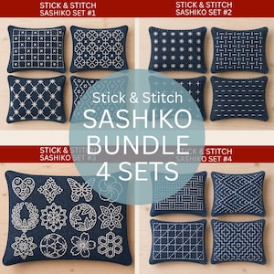 Könnte beinhalten: Eine Sammlung dunkelblauer Stoffrechtecke mit weißen gestickten Sashiko-Mustern. Das Bild ist in vier Abschnitte unterteilt, die als Stick & Stitch Sashiko Set #1, #2, #3 und #4 beschriftet sind, mit dem zentralen Text Stick & Stitch SASHIKO BUNDLE 4 SETS.