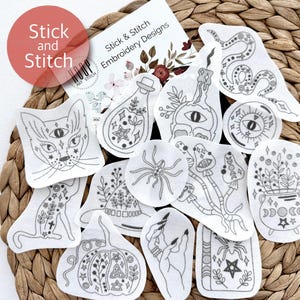 Witchy Halloween stick and stitch embroidery patterns, magic peel and stick transfer patch, spooky embroidery paper, embroidery for clothes