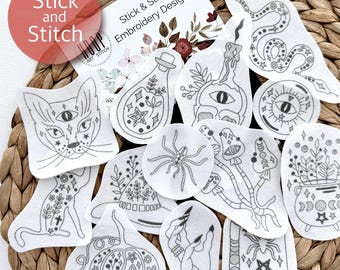 Witchy Halloween stick and stitch embroidery patterns, magic peel and stick transfer patch, spooky embroidery paper, embroidery for clothes