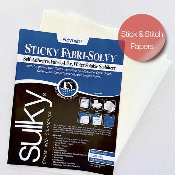 Sulky Fabri Solvy, printable stabilizer, stick and stitch paper, embroidery transfer patches, water-soluble fabric stabilizer