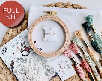 Folk floral stick and stitch embroidery pouch kit, botanical embroidery pattern, DIY kit for adults, peel and stick transfer patches