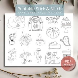 Puede incluir: Patrón de bordado a mano imprimible para pegar y coser con una variedad de diseños de temática otoñal, que incluyen un zorro, un suéter, una calabaza, un pastel, una taza de café, hongos, bellotas y el texto "cozy time" y "hello fall".