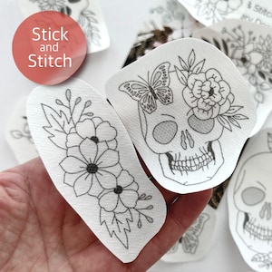 Handborduurpatroon met bloemenschedel, transferpatch, peel-and-stick borduurpapier, trendy borduurontwerp voor kleding