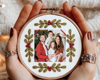 Personalized Photo Ornament Stick and Stitch Pattern, Custom Christmas Embroidery Transfer, Peel and Stick Photo Frame Ornament