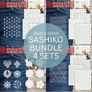 May include: A bundle of four Stick & Stitch Sashiko embroidery design sets featuring white geometric, floral, and heart-shaped patterns on translucent sheets. The collection includes various repeating motifs and individual shapes for fabric application.