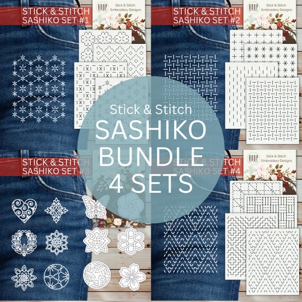 Stick and Stitch Sashiko Pattern Bundle – Set of 4 Visible Mending Embroidery Patches, Japanese Hand Sewing, Peel & Stick Repair Designs