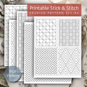 Könnte beinhalten: Druckbare Sashiko-Mustersatz Nr. 4 mit sechs verschiedenen geometrischen Designs zum Sticken. Die Muster sind auf weißem Papier gedruckt und bereit zum Sticken.
