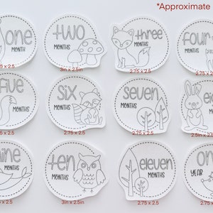 May include: Set of 12 black and white printable baby milestone cards featuring woodland animals and the number of months. The cards are 2.75 inches by 2.5 inches, except for the 2-month and 10-month cards, which are 3 inches by 2.5 inches.