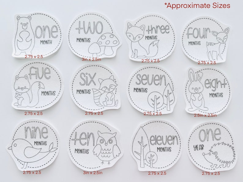 May include: Set of 12 black and white printable baby milestone cards featuring woodland animals and the number of months. The cards are 2.75 inches by 2.5 inches, except for the 2-month and 10-month cards, which are 3 inches by 2.5 inches.
