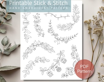 May include: Printable stick and stitch hand embroidery pattern featuring 12 different Christmas designs. The designs include wreaths, garlands, and ornaments with holly, bows, and gifts. The pattern is labeled "PDF Pattern".