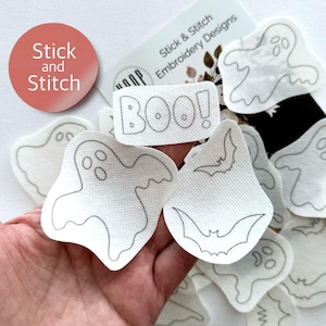 Ghosts and Bats Stick and Stitch Embroidery Patterns, Halloween Peel and Stick Transfer Patches, Spooky Embroidery Designs for Clothes