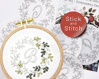 Christmas ornament embroidery pattern, stick and stitch transfer patch, peel and stick embroidery paper, floral letter embroidery designs