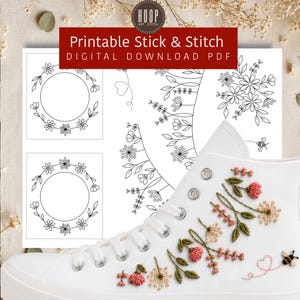 Wildflower Shoe Embroidery Patterns, Printable Stick and Stitch PDF, Floral Sneaker Embroidery Designs, Digital Download, SET #2