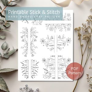 Puede incluir: Patrón de bordado a mano imprimible para pegar y coser con diseños florales. El patrón PDF presenta 8 diseños florales diferentes, incluyendo bordes y arreglos verticales.