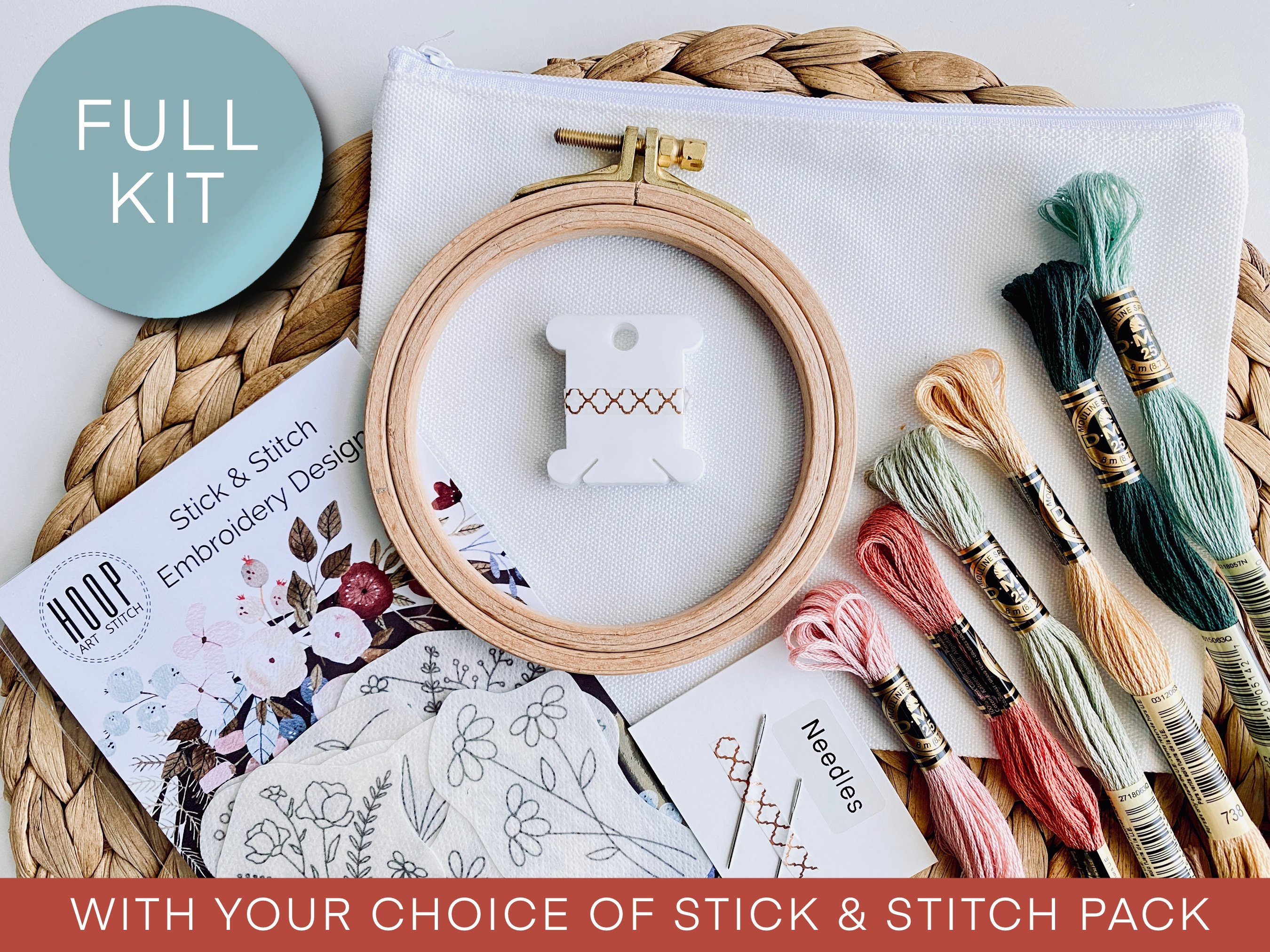 Stick and stitch embroidery pouch kit, floral embroidery pattern, DIY kit for adults, peel and stick transfer patch for clothing