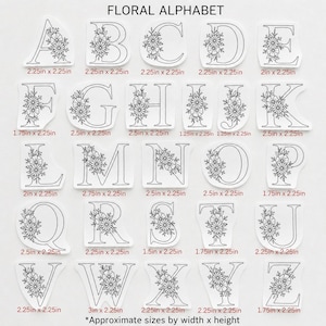May include: A collection of black and white floral alphabet stickers labeled FLORAL ALPHABET. Each letter from A to Z features a unique black line art floral design. The stickers include printed dimensions in inches ranging from 1.25in to 3in wide.