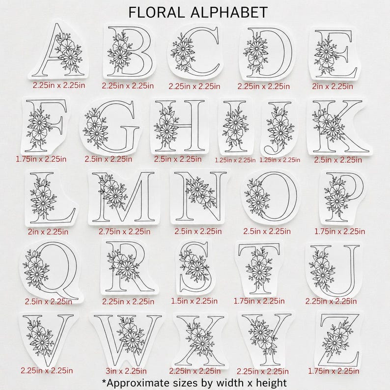 May include: A collection of black and white floral alphabet stickers labeled FLORAL ALPHABET. Each letter from A to Z features a unique black line art floral design. The stickers include printed dimensions in inches ranging from 1.25in to 3in wide.