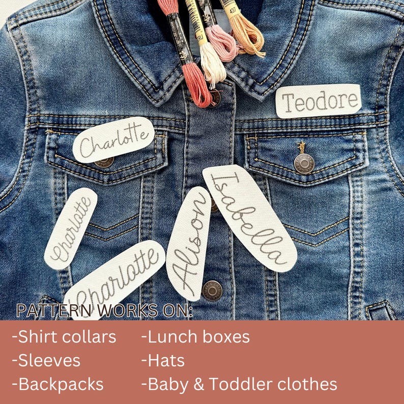 May include: A close-up of a denim jacket with several white fabric labels sewn on. The labels have names written on them, including "Charlotte", "Teodore", "Isabella", and "Alison". The text "PATTERN WORKS ON:" is written below the labels, followed by a list of uses for the labels, such as "Shirt collars", "Lunch boxes", "Sleeves", "Hats", "Backpacks", and "Baby & Toddler clothes".