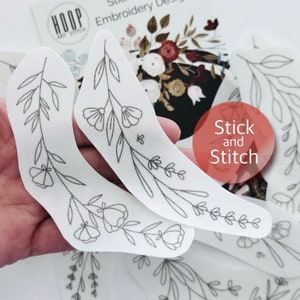 Floral border hand embroidery pattern, stick and stitch transfer patch, peel and stick embroidery paper, trendy embroidery pack for clothes