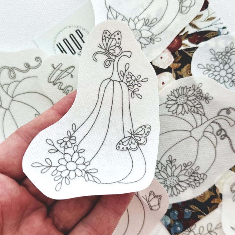 Pumpkins Stick and Stitch Embroidery Pattern, Fall Flowers Transfer