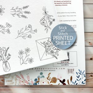 Botanical hand embroidery pattern, stick and stitch printed sheet, peel and stick transfer patch, wash away stabilizer, embroidery clothes