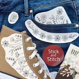 Stick and Stitch Floral Pair, Pocket Embroidery Design, Custom Canvas Shoe Embroidery Patches, Peel and Stick Pattern for High-Top Sneakers