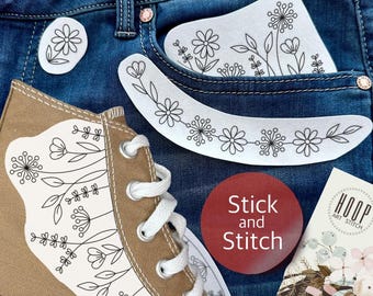 Stick and Stitch Floral Pair, Pocket Embroidery Design, Custom Canvas Shoe Embroidery Patches, Peel and Stick Pattern for High-Top Sneakers