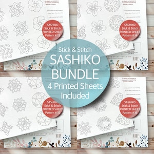 May include: A bundle of four printed Sashiko stick and stitch sheets. Each sheet features a different black and white floral or geometric design. The bundle includes patterns #13, #14, #15, and #16. The text "Sashiko Bundle" is displayed in a circular graphic.