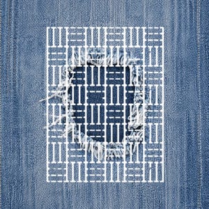May include: Close-up of a denim fabric with a distressed patch. The patch is a square with a white geometric design overlaying the frayed edges of the denim. The background is a medium blue denim.