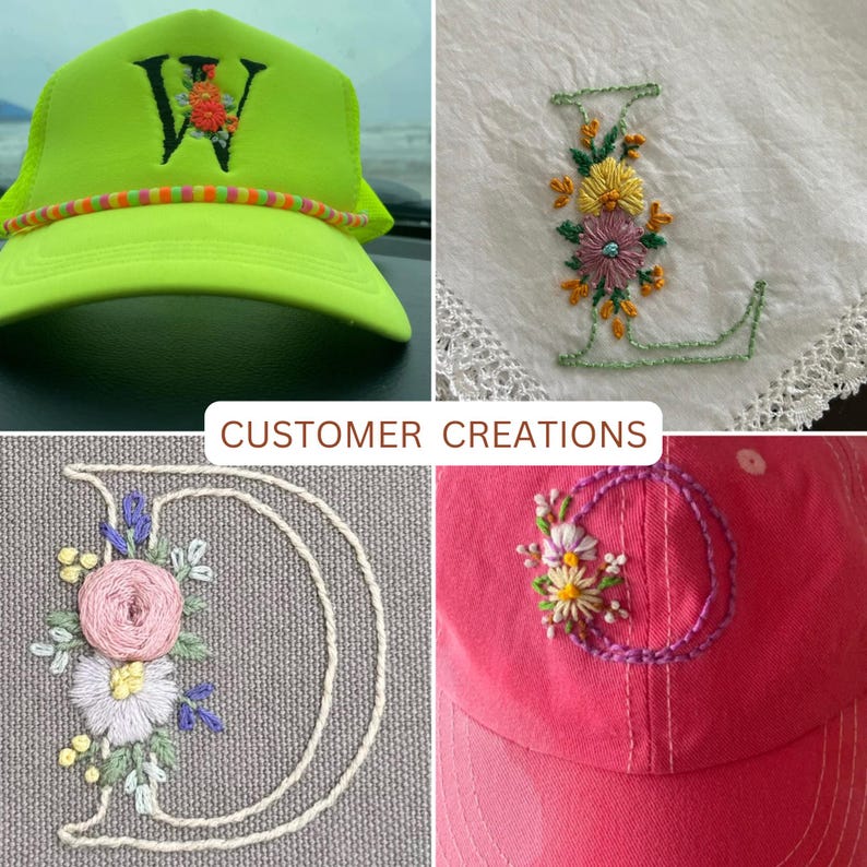 May include: A collage of four items featuring embroidered letters: a neon yellow baseball cap with a black letter W and orange flowers, a white fabric with a green letter L and floral accents, a gray fabric with a white letter D and pink flowers, and a pink baseball cap with a purple letter O and floral details.