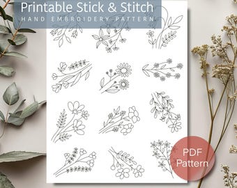 May include: Printable stick and stitch hand embroidery pattern with 12 floral designs. The pattern is in black and white and includes the text "PDF Pattern".