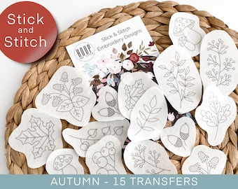 Autumn stick and stitch embroidery pattern, fall flowers transfer patch, peel and stick embroidery paper, trendy embroidery pack for clothes