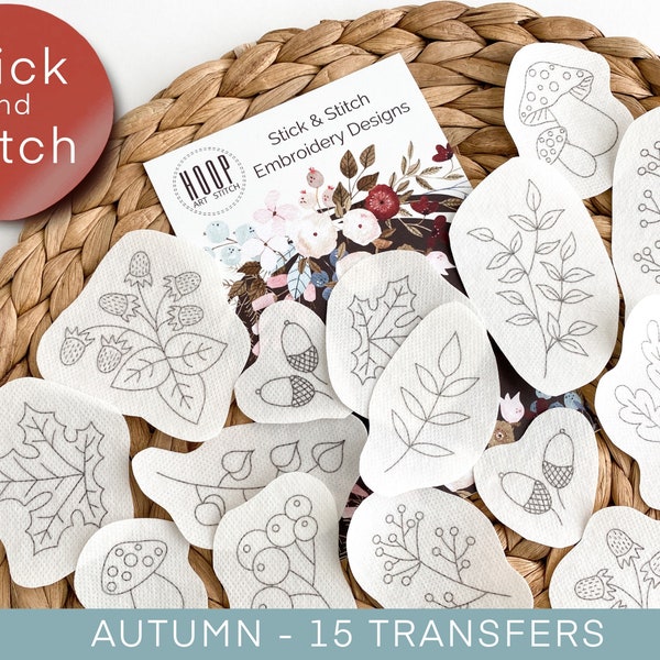 Autumn stick and stitch embroidery pattern, fall flowers transfer patch, peel and stick embroidery paper, trendy embroidery pack for clothes