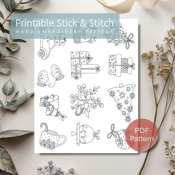 Christmas embroidery pattern, printable stick n stitch design, personalized embroidery ornament, Evergreen embroidery, digital download PDF