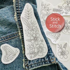Floral pairs hand embroidery pattern, stick and stitch transfer patch, peel and stick embroidery paper, embroidery pattern for jacket