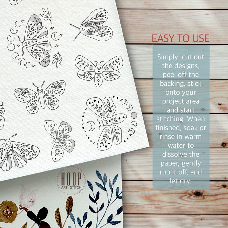 Puede incluir: Una hoja de papel con dibujos en blanco y negro de polillas con patrones de luna y estrellas. El papel tiene el texto "HOOP ART STITCH" en la parte inferior. El texto "EASY TO USE" est&aacute; en una hoja de papel separada con instrucciones sobre c&oacute;mo usar los dise&ntilde;os.