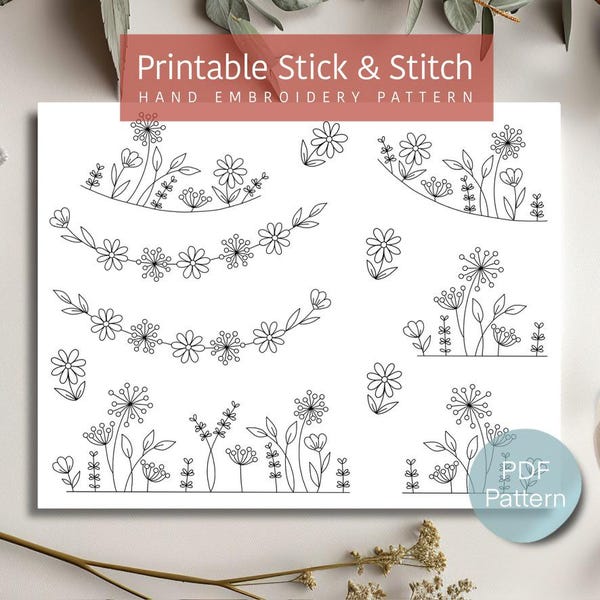 Stick and Stitch Floral Pair Embroidery Pattern, Pocket Embroidery Designs, Dandelion Dainty Floral for Hat, Printable PDF, Digital Download