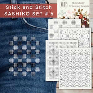 May include: Four black and white sashiko embroidery designs on white paper. The designs are geometric patterns with lines and dots. The designs are labeled "Stick & Stitch Embroidery Designs".