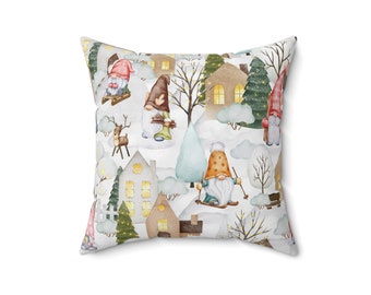 Holiday Gnome Winter Village Spun Polyester Square Pillow, Winter Pillow, Holiday Pillow, Christmas Pillow, Gnome Pillow, Christmas Decor