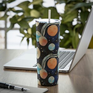 Watercolor Celestial Planets Skinny Steel Tumbler with Straw, 20oz, Skinny Tumbler, Travel Tumbler, Celestial Mug, Celestial Tumbler, Gift