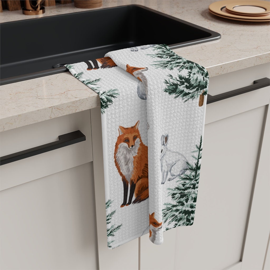 Forest Fox and Hare Winter Soft Tea Towel Winter Kitchen Towel