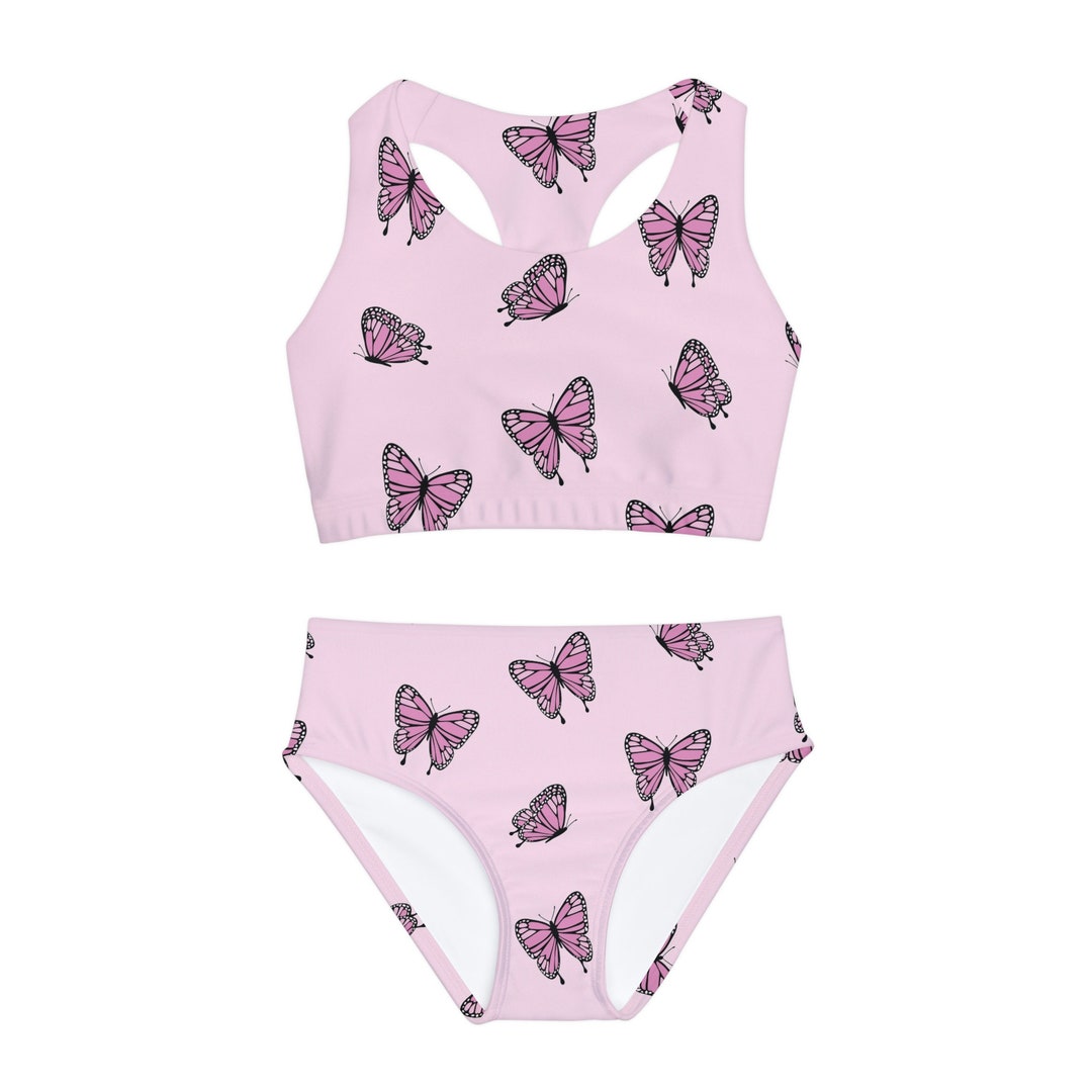 Pretty Pink Monarch Butterflies Girls Two Piece Swimsuit, Butterfly