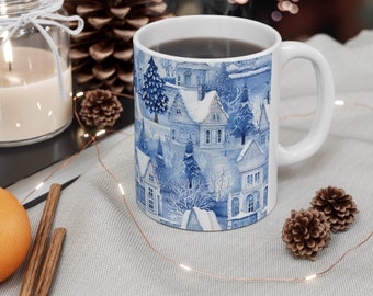Winter Snowy Town Ceramic Mug 11oz, Ceramic Coffee Cup, Ceramic Coffee Mug, Winter Mug, Winter Town Mug, Holiday Mug