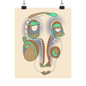 May include: Abstract art print featuring a face composed of continuous black lines and filled with muted colors. The design includes brown, teal, and gray shapes, with a beige background. The artwork is held by two black binder clips.