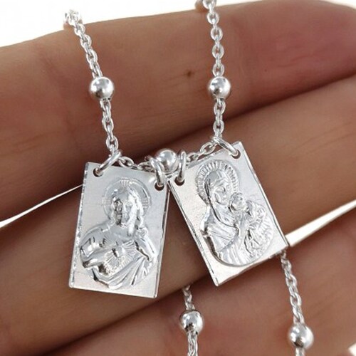Silver Scapular Necklace Sacred Heart Virgen Del Carmen Etsy