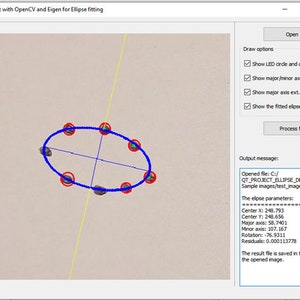 May include: A computer screen displaying a program that fits an ellipse to a set of points. The program is written in C++ and uses the OpenCV and Eigen libraries. The image shows the fitted ellipse in blue, the original points in red, and the major and minor axes of the ellipse in blue and green, respectively. The program also displays the center of the ellipse, the major and minor axis lengths, the rotation angle, and the residuals of the fit.