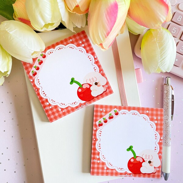 Cute Cherry Square Memo Pad | Kawaii Notepad | Cute desk Memo | Square Memo Pad  | To Do List | Bunny Memo Pad | Cherry Memo Pad